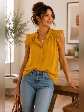 LOFT Mustard Yellow Ruffle Sleeve Blouse | Feminine Career Chic Top | Size Small